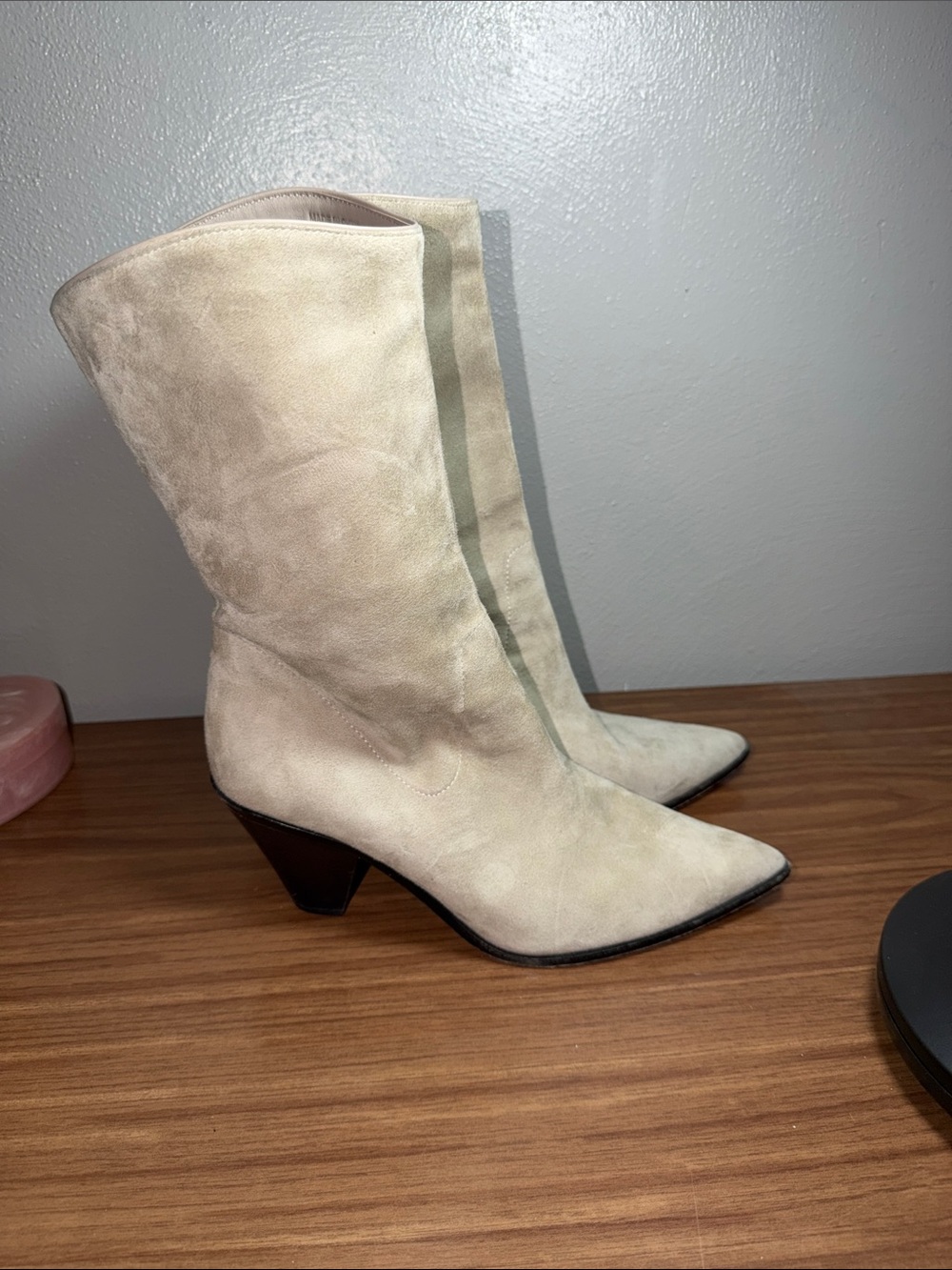Paige Pointed-Toe Mid-Heel Suede Boots - Light Beige Size 10
